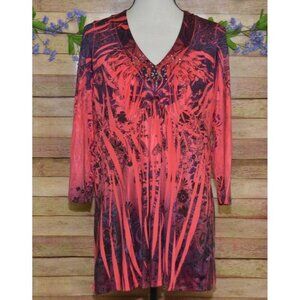 One World Ladies Red 3/4 Sleeve Studded V-Neck Blouse XL Stretch Floral Tunic